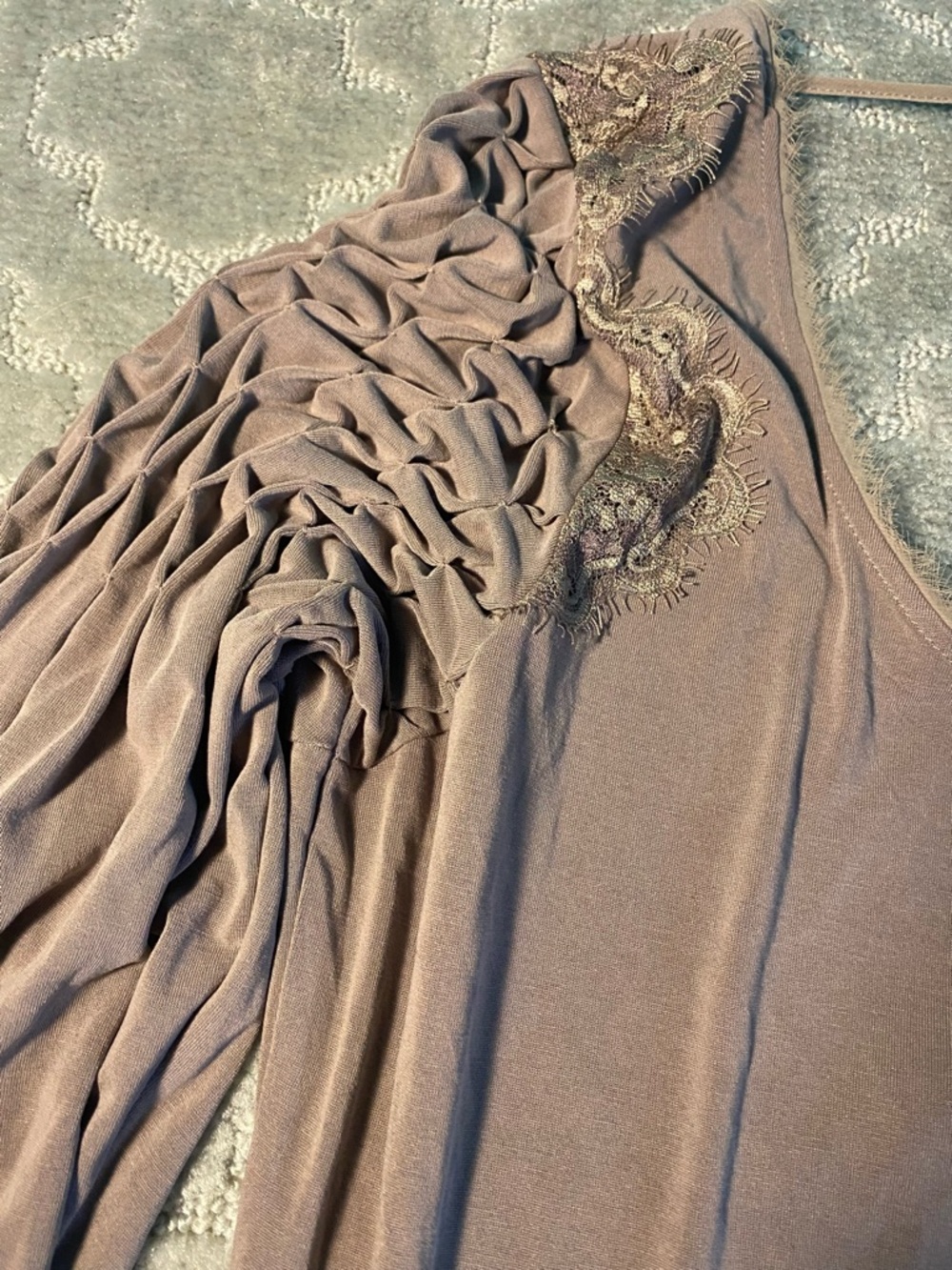 Free People Boho Tunic Dress‎ Large Taupe Lace Ruched Romantic Flowy Cottagecore - Picture 4 of 10